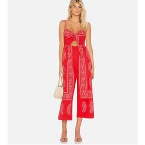 Free People Womens 0 Red Pink Feel The Sun Paisley Linen Blend Cropped Jumpsuit